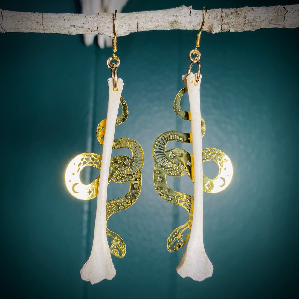 Possum Fibula Bone Snake Moon Earrings